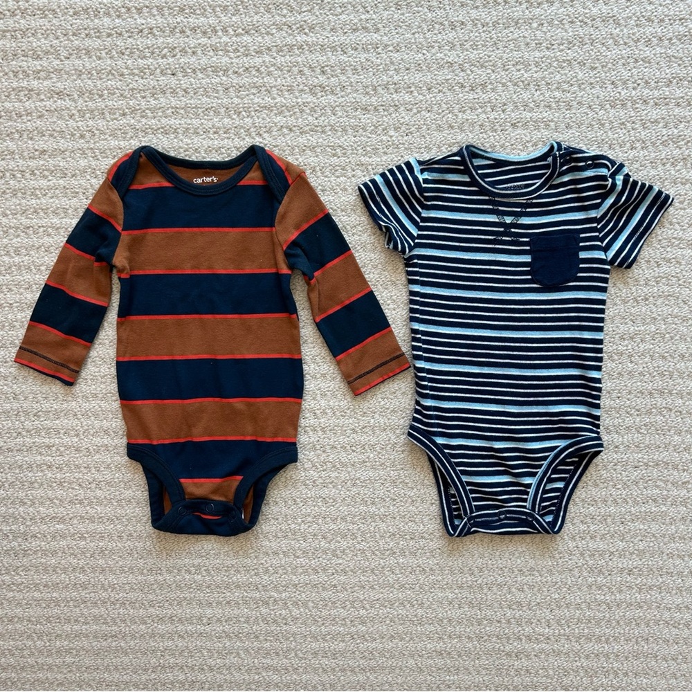 Carter’s 6M Navy Striped Long and Short Sleeve Snap Bodysuit Onesie Bundle